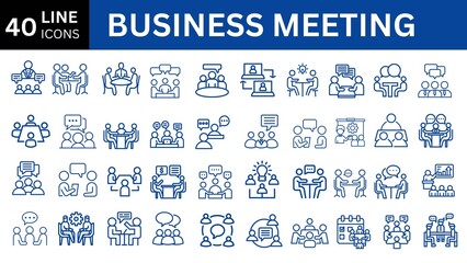 Business Meeting set of web icons in line style. Live webinar icons for web and mobile app. Containing conference, business meeting, classroom, team, interview, conference, work, discussion and more