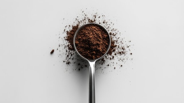 Coffee powder in stainless steel tablespoon with scattered grounds on a clean white background showcasing kitchen elements.