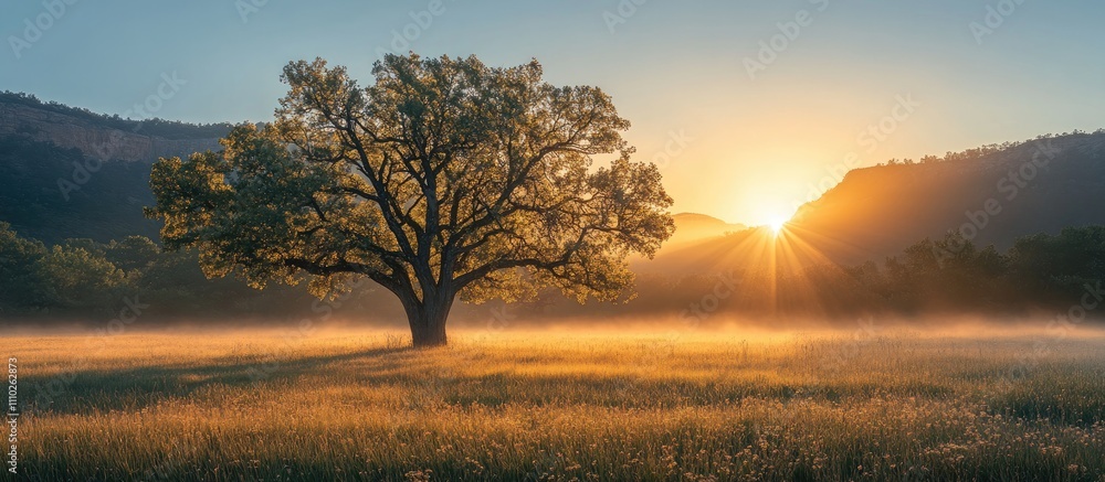 Poster sunrise over misty meadow with solitary tree and mountains in background creating a serene early mor