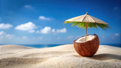 A halved coconut with a palm leaf umbrella sits on a sandy beach under a clear blue sky with white clouds.