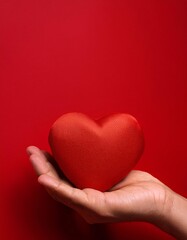 Fototapeta premium Hand holding a heart cover with red background and space for text