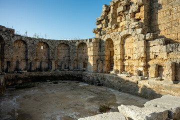Rows of columns in Perge, Antalya, Turkey. Remains of colonnaded street in Pamphylian ancient city.