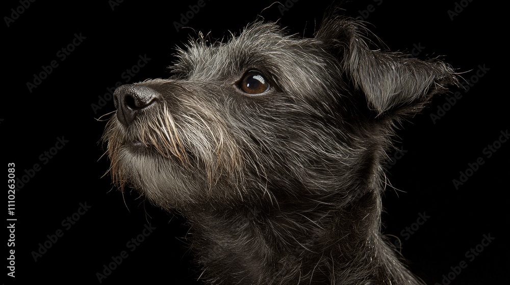 Poster closeup portrait of an attentive dog against a dark background capturing its expressive features and