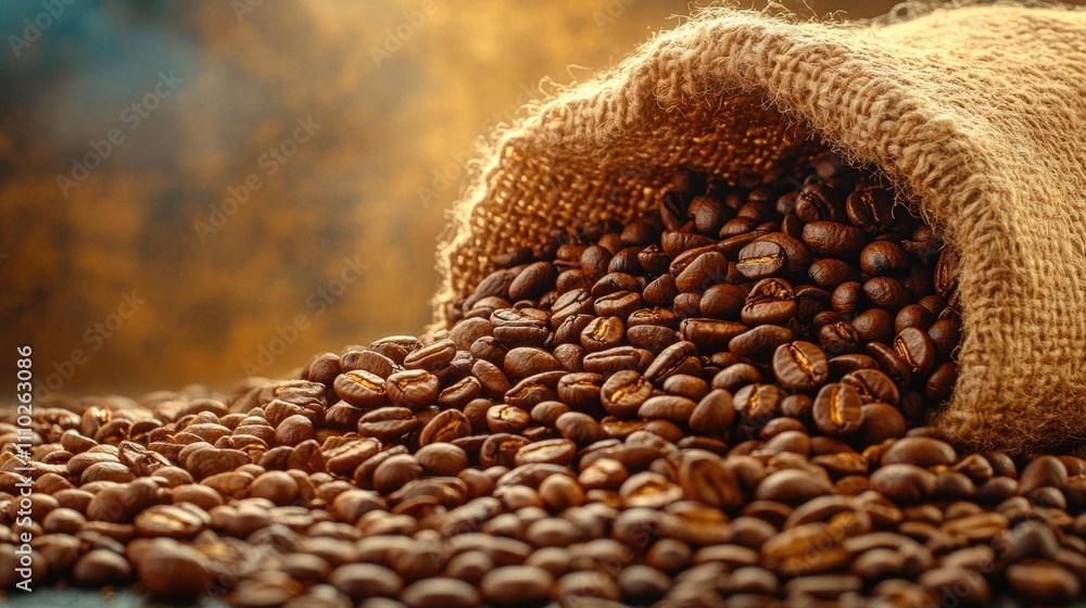 Poster coffee beans spilling from a jute sack against a textured background with ample copy space for brand