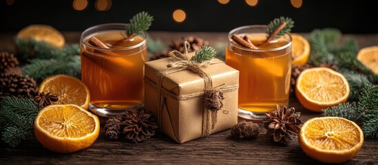 Christmas gift box with spiced mulled wine and festive decorations on a rustic wooden table with citrus slices and pinecones