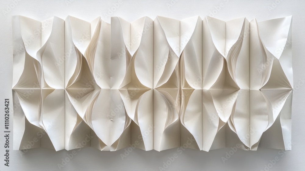 Poster folded white leaflets arranged in a stylish background showcasing unique textures and shapes for des