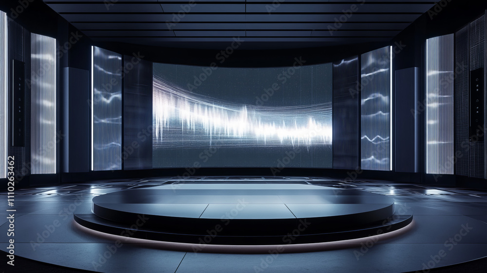 Poster futuristic hi-tech stage layout with sound wave led screen. scifi digital technology concepts. insid