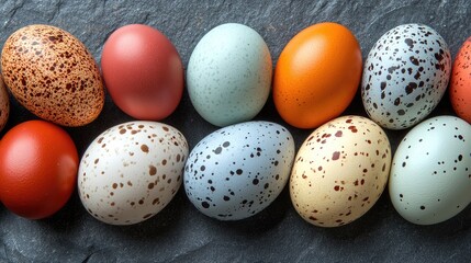 Colorful decorative eggs arranged on a dark stone background showcasing various textures and patterns for Easter celebration themes