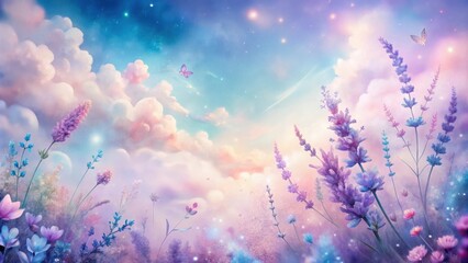 Fototapeta premium A whimsical illustration of lavender flowers with purple butterflies against a dreamy backdrop of clouds and twinkling stars.