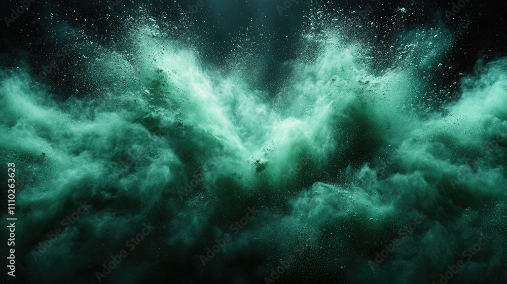 Poster vibrant green powder explosion creating dynamic texture against a dark backdrop showcasing motion an