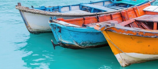 Obraz premium Traditional fishermen's boats moored in clear ocean waters showcasing vibrant colors and rustic charm of maritime culture.
