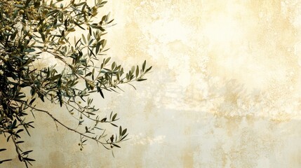 Olive tree leaves and branches against textured white wall minimalistic botanical composition Mediterranean summer aesthetic environment