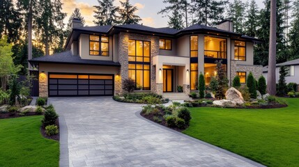 Obraz premium Contemporary North American house exterior with modern landscaping and driveway in Vancouver suburb at sunset