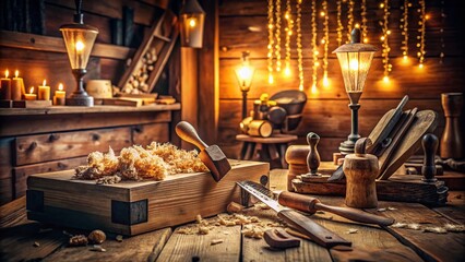 Obraz premium Close-up of Traditional Woodworking Tools and Wood Shavings in Artisan Workshop at Night with Warm Lighting and Detailed Textures, Capturing the Craftsmanship and Atmosphere