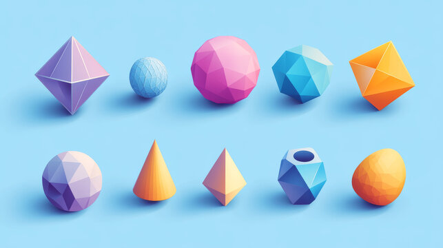 Geometric 3d shapes hemisphere, octahedron, sphere and torus, cone, cylinder and pyramid with icosahedron. Basic voluminous geometry figures for education, Realistic vector illustration, icons set