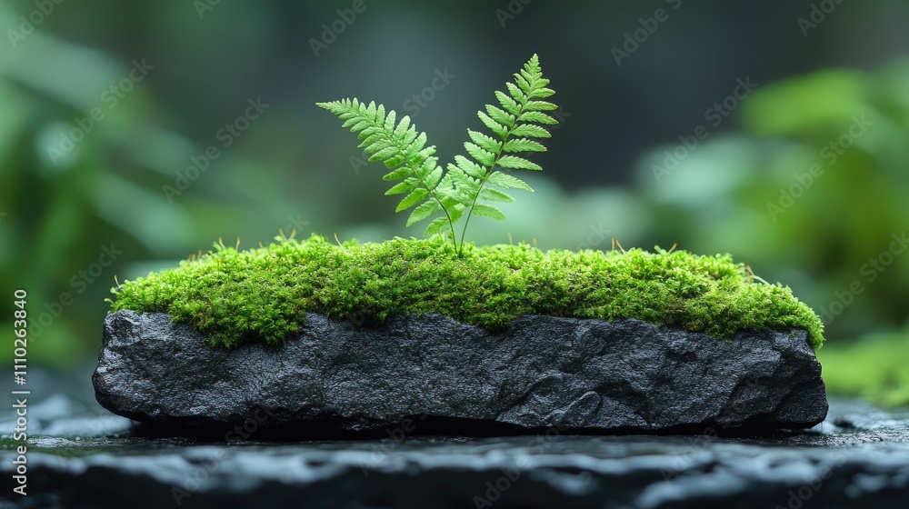 Poster textured moss on stone surface with fern leaves after rain creating a serene natural backdrop ideal 