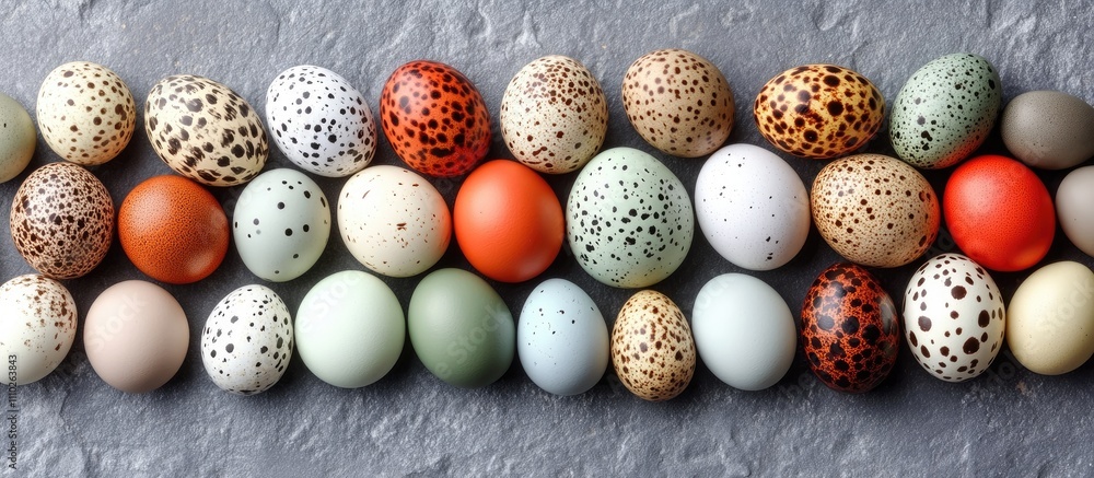 Poster colorful assortment of quail eggs arranged on a textured stone surface showcasing diverse patterns a