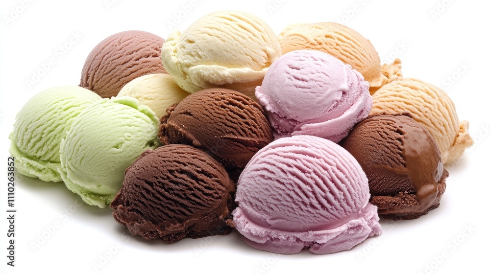 Poster colorful assortment of ice cream scoops in various flavors arranged on a white background creating a