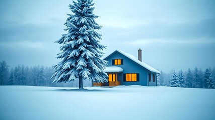 Naklejka premium Serene winter scene a cozy house nestled among snow-covered evergreens, illuminated by warm interior lights.