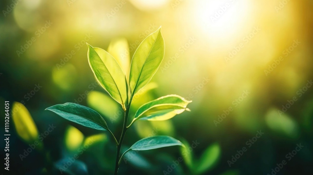 Poster vibrant green leaves on a branch illuminated by sunlight with a soft blurred background creating a s