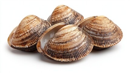 Freshly harvested clams arranged on a clean white background for culinary and seafood presentation concepts.