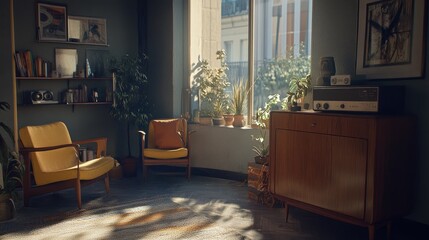 Scandinavian style living room interior with retro furniture natural light and greenery showcasing...