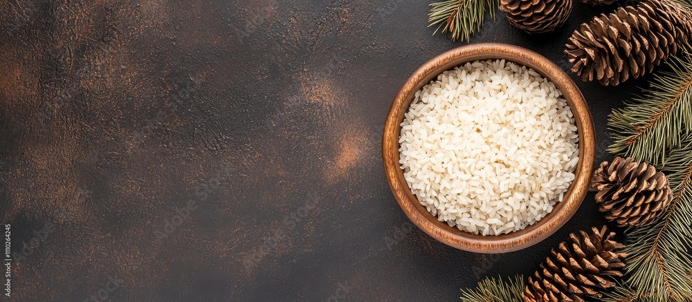 Aufkleber bowl of rice with fir cones on a rustic dark table creating a warm and inviting seasonal atmosphere 