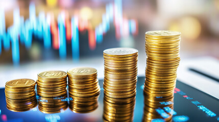 View of a computer screen displaying stock exchange graph and chart representing increased and decreased price in the stock market with stack of coins.	