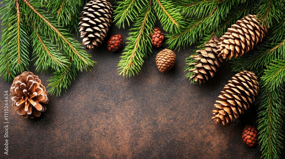 Poster christmas decor featuring fir branches and pine cones on rustic textured background with ample copy 