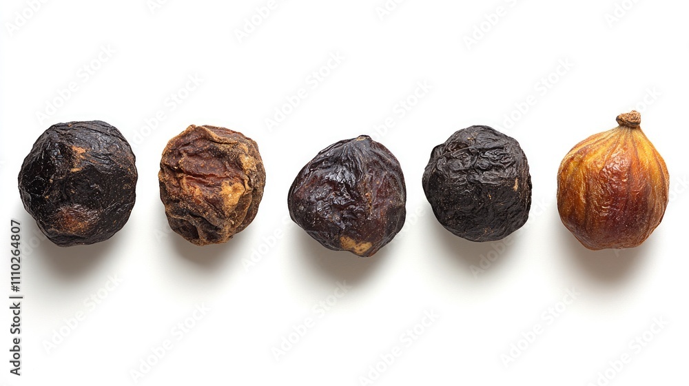 Poster dried figs arranged in a row on a clean white background showcasing their unique textures and colors