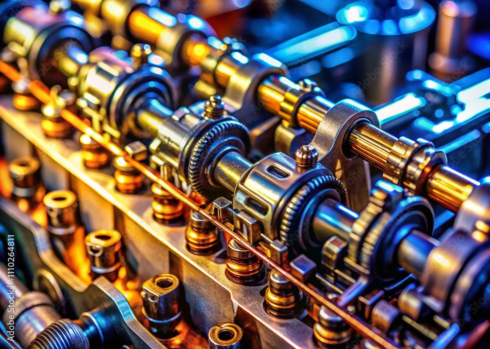 Poster close-up tilt-shift photography of a camshaft in motion, showcasing detailed mechanics and functiona
