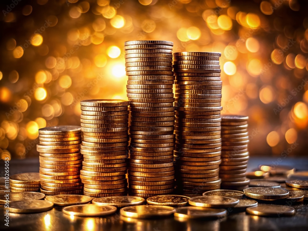 Aufkleber close-up view of a neatly stacked pile of coins in various denominations with a soft focus backgroun