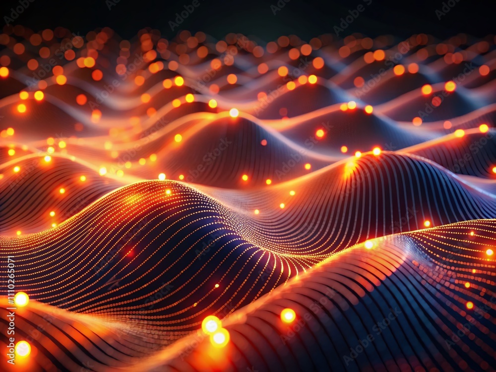 Poster close-up view of an abstract animated surface with wavy shapes and glowing orange-red lights, perfec