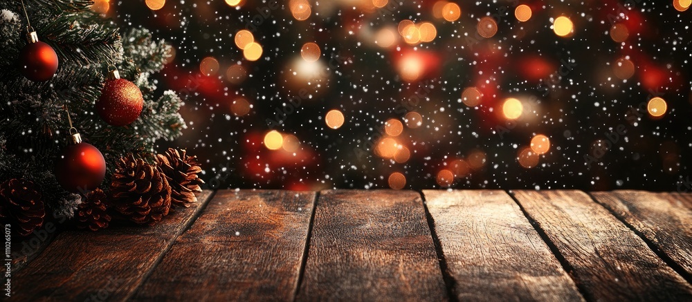 Poster christmas and new year empty wooden tabletop with blurred festive tree and snowfall bokeh background