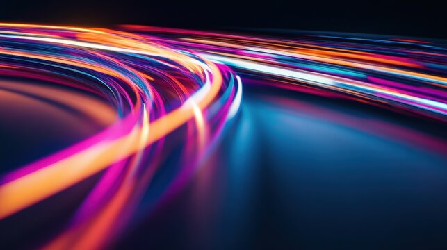 An evocative scene of colorful abstract light trails intertwining to form a dynamic, cohesive pattern on a smooth surface