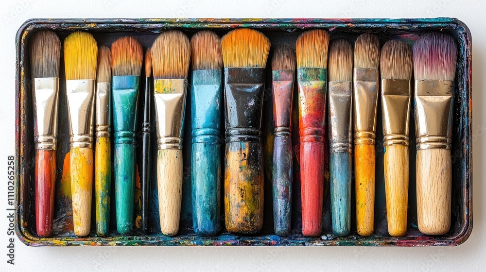 Poster professional paintbrushes in a varied array arranged neatly in a case against a white background sho
