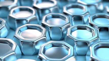 Hexagon Slotted Castle Nuts Close-Up in Light Blue Background Manufacturing Concept for Construction Materials and Hardware Industry