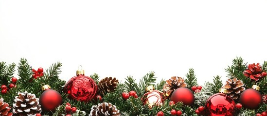 Christmas decoration border with red ornaments pinecones and greenery on a white background perfect for holiday themed designs and cards