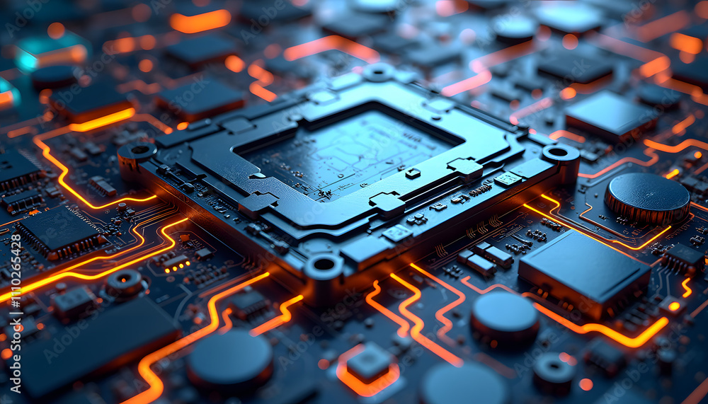 Poster metallic surfaces with interwoven circuitry and neon energy lines pulsing through advanced design