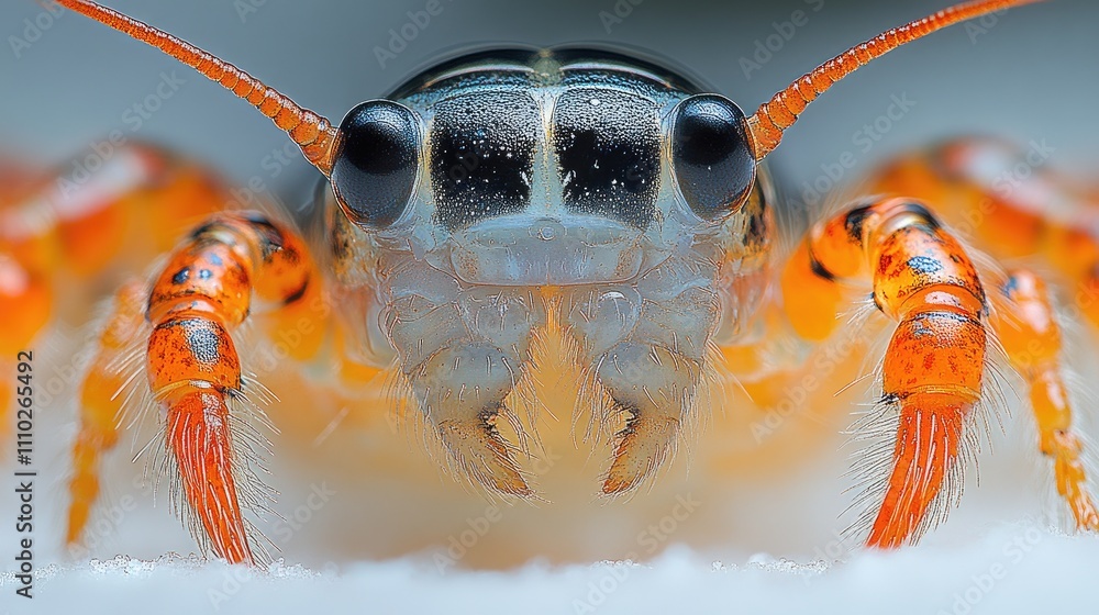 Poster close up of a colorful centipede displaying intricate details and features against a clean white bac