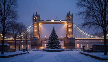 Enchanting winter evening in London with Tower Bridge illuminated and a festive Christmas tree