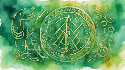 Mystical watercolor composition featuring golden rune symbols on rich green background