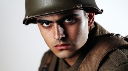 Young soldier in uniform and hardhat with intense gaze isolated on white background showcasing bravery and determination in military service