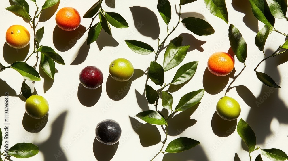 Poster assorted vibrant fruits and green leaves casting unique shadows on a light backdrop creating a visua