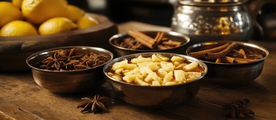 Warm festive mulled wine with spices displayed in metallic bowls surrounded by fresh lemons on a rustic wooden table for holiday design inspiration