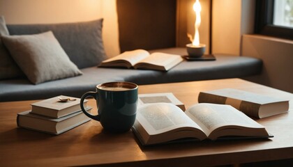 A cozy reading nook with a cup of coffee, books, and a warm lamp.