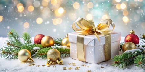 A Festive Gift Wrapped in Gold Ribbon Surrounded by Christmas Decorations on a Snowy Surface with a Sparkling Background