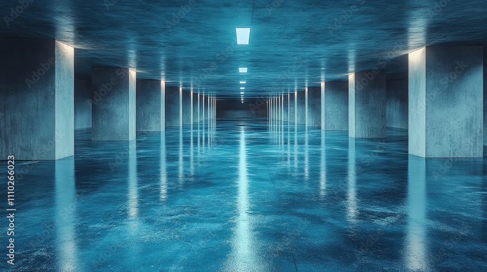 Poster modern underground garage with illuminated concrete walls and shiny floor reflecting light creating 