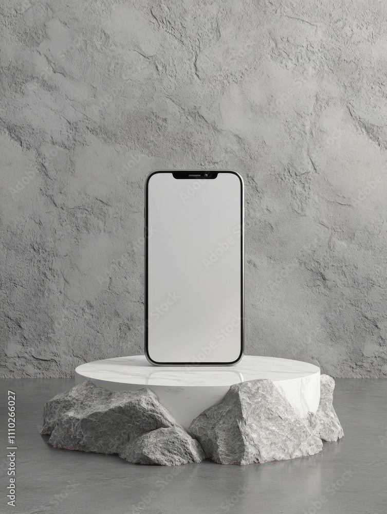 Poster empty white smartphone on creative pedestal with rock mountain on grey background with mock up place