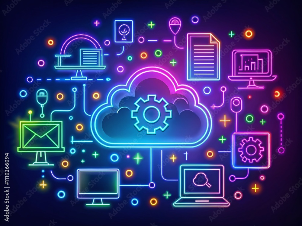 Poster collection of computer cloud related line art illustrations for data transfer, cloud settings, and m